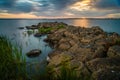 Sunset over a stone pier in Lake Colac in Victoria, Australia Royalty Free Stock Photo