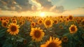 Sunset over sunflower field. Vibrant summer landscape with golden light Royalty Free Stock Photo