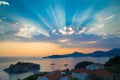 Sunset over Sveti Stefan island, Montenegro Royalty Free Stock Photo