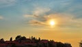 Sunset over Sveti Stefan. Islet and resort in Montenegro. Budva Riviera. Balkans, Adriatic Sea, Royalty Free Stock Photo