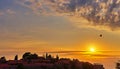 Sunset over Sveti Stefan. Islet and resort in Montenegro. Budva Riviera. Balkans, Adriatic Sea, Royalty Free Stock Photo