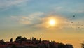 Sunset over Sveti Stefan. Islet and resort in Montenegro. Budva Riviera. Balkans, Adriatic Sea, Royalty Free Stock Photo