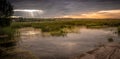 sunset over swampland with sunbeams