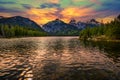 Sunset over Taggart Lake and Grand Teton Mountains in Wyoming, USA Royalty Free Stock Photo