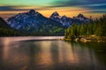 Sunset over Taggart Lake and Grand Teton Mountains in Wyoming, USA