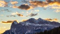 Sunset over Tofana mountain group with the highest peak Tofana di Rozes. Dolomites Alp Mountains, Belluno Province, Dolomiti Alps Royalty Free Stock Photo