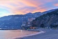 The sunset over a town on the Campania coast on the road to Amalfi.