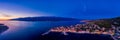 Sunset over town in Croatia, aerial panorama of Vinjerac, near Zadar Royalty Free Stock Photo