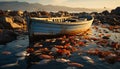 Sunset over tranquil coastline, fishing boat reflects beauty in nature generated by AI Royalty Free Stock Photo