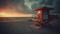 Sunset over the tranquil coastline, lifeguard hut in view generated by AI