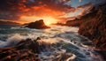 Sunset over the tranquil coastline, a majestic natural beauty generated by AI