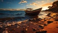 Sunset over the tranquil coastline, a nautical vessel sails into dusk generated by AI Royalty Free Stock Photo