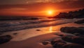 Sunset over tranquil coastline, water reflects twilight beauty generated by AI