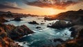 Sunset over tranquil coastline, waves crash on rocky cliffs generated by AI Royalty Free Stock Photo