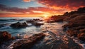 Sunset over tranquil coastline, waves crash on rocky shore generated by AI Royalty Free Stock Photo