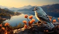 Sunset over the tranquil forest, seagull perching on branch generated by AI