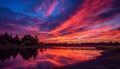 Sunset over tranquil meadow, nature beauty reflected in vibrant water generated by AI Royalty Free Stock Photo