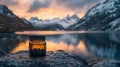 Sunset over tranquil mountain lake with a jar of crystals Royalty Free Stock Photo
