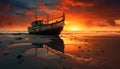 Sunset over tranquil sea, abandoned fishing boat reflects beauty generated by AI Royalty Free Stock Photo