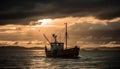 Sunset over the tranquil sea, fishing boat sails towards the horizon generated by AI Royalty Free Stock Photo