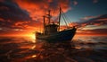 Sunset over tranquil sea, fishing boat sails towards horizon generated by AI Royalty Free Stock Photo