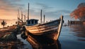 Sunset over tranquil sea, old fishing boat reflects nautical beauty generated by AI Royalty Free Stock Photo
