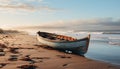 Sunset over tranquil seascape, abandoned fishing boat reflects beauty generated by AI Royalty Free Stock Photo