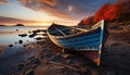 Sunset over tranquil seascape, fishing boat reflects beauty generated by AI Royalty Free Stock Photo