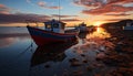 Sunset over tranquil seascape, fishing boat reflects beauty in nature generated by AI Royalty Free Stock Photo