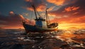 Sunset over tranquil seascape, fishing boat sails towards nautical vessel generated by AI