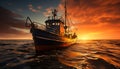 Sunset over tranquil seascape, old fishing boat reflects nautical beauty generated by AI Royalty Free Stock Photo