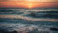 Sunset over tranquil seascape, wave splashing wet sand generated by AI