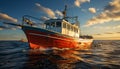 Sunset over tranquil seascape, yacht sails towards moored fishing boat generated by AI Royalty Free Stock Photo