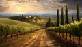 Sunset over a tranquil vineyard, nature winemaking masterpiece generated by AI