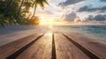 Sunset over Tropical Beach with Wooden Planks Royalty Free Stock Photo