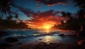 Sunset over tropical coastline, nature tranquil beauty generated by AI