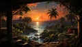 Sunset over tropical coastline, palm trees sway in tranquil paradise generated by AI