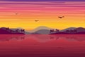 Sunset over tropical island landscape background in flat style. Hills with palm trees, sea or ocean coast, birds fly, purple Royalty Free Stock Photo