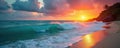 Sunset over turquoise Mexican beach, dramatic waves , caribbean, photography Royalty Free Stock Photo