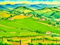 Sunset Over Tuscan Vineyards: A Watercolor Masterpiece Royalty Free Stock Photo