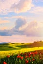 Sunset over the Tuscany countryside landscape; Typical Italy Royalty Free Stock Photo
