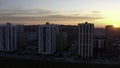 Sunset over typical panel block apartment buildings. Stock footage. Aerial view of beautiful sunset above the sleeping Royalty Free Stock Photo