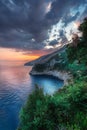 Sunset over the Tyrrhenian Sea in Conca dei Marini, Amalfi Coast, Italy Royalty Free Stock Photo