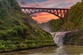 Sunset Over The Upper Falls And Arch Bridge At Letchworth State Park