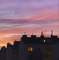 Sunset over urban rooftops