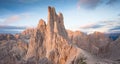 Sunset over the Vajolet towers in Dolomites Royalty Free Stock Photo