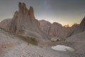 Sunset over the Vajolet towers in Dolomites Royalty Free Stock Photo