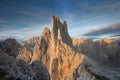 Sunset over the Vajolet towers in Dolomites Royalty Free Stock Photo