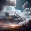 sunset over the valley, with a ghostly church floating in the clouds AI created Royalty Free Stock Photo