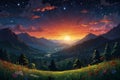 a sunset over a valley with a river and mountains Starry Serenity A Breathtaking Anime Landscape